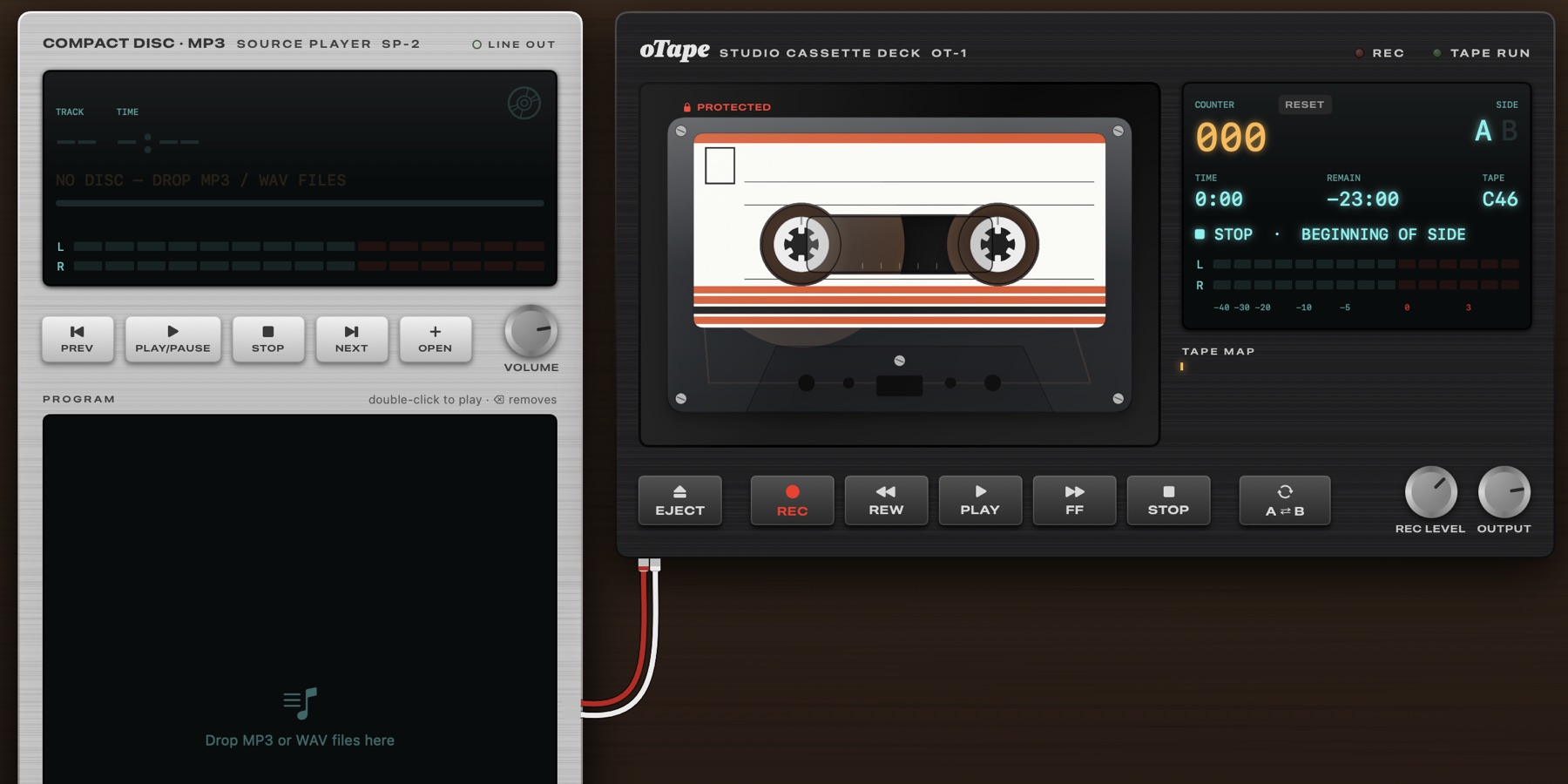 oTape Studio: the SP-2 source player connected by a red and white cable to the OT-1 cassette deck, with a cassette inserted and blank C46, C60, C90 and C120 tapes below